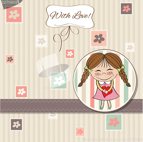 Image of Funny girl with hearts. Doodle cartoon character.