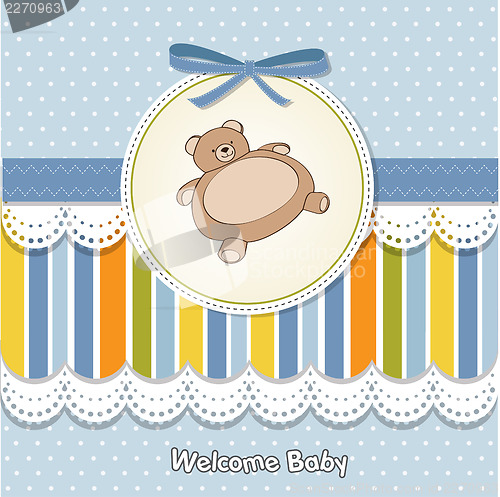 Image of baby shower card with teddy bear toy