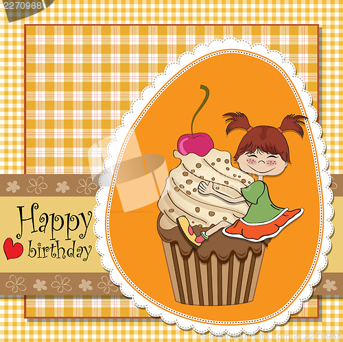 Image of birthday card with funny girl perched on cupcake