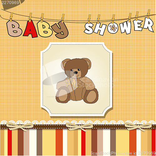 Image of baby shower card with teddy bear toy