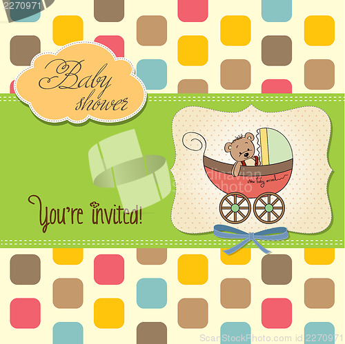 Image of funny teddy bear in stroller, baby announcement card