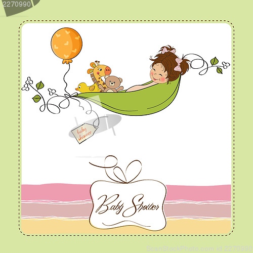 Image of little girl siting in a pea been. baby announcement card