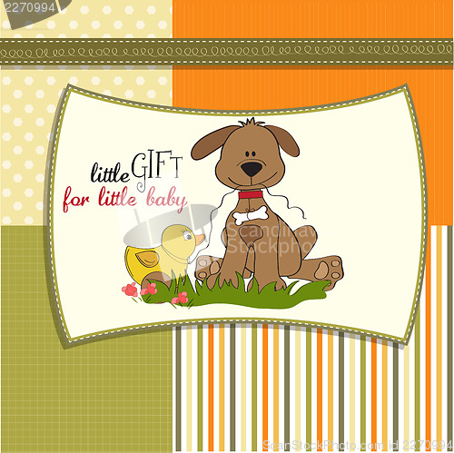 Image of baby shower card with dog and duck toy