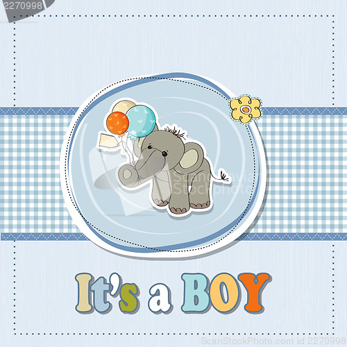 Image of baby boy shower card with elephant and balloons