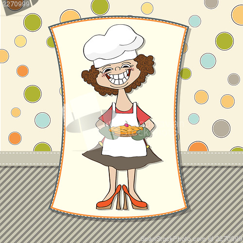 Image of birthday greeting card with funny woman and pie