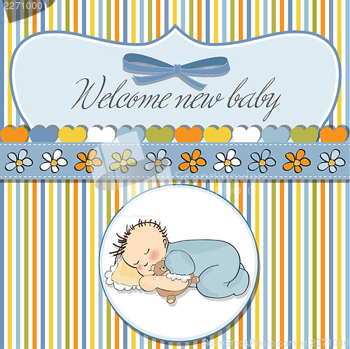 Image of baby shower card with little baby boy sleep with his teddy bear 