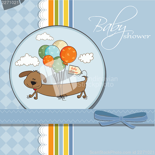 Image of baby shower card with long dog and balloons