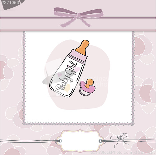 Image of new baby girl announcement card with milk bottle and pacifier