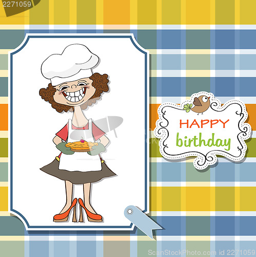 Image of birthday greeting card with funny woman and pie