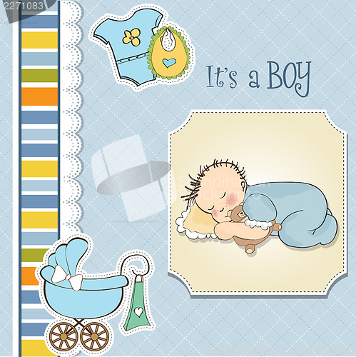 Image of baby shower card with little baby boy sleep with his teddy bear 