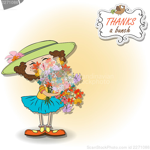 Image of funny girl with a bunch of flowers