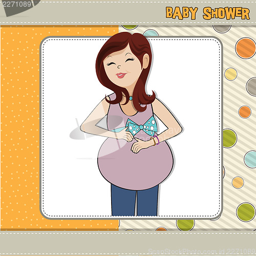 Image of happy pregnant woman, baby shower card