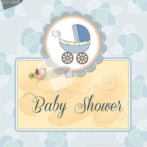 Image of baby boy announcement card with baby and pram