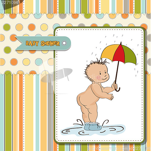Image of baby boy shower card with funny baby under his umbrella
