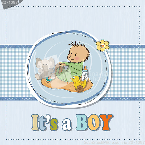 Image of little baby boy play with his toys.baby shower card in vector fo