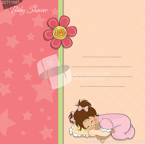 Image of baby shower card with little baby girl play with her teddy bear 