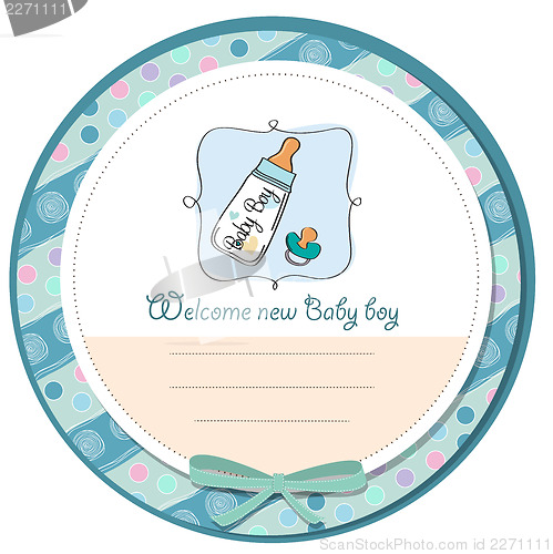 Image of baby announcement card with milk bottle and pacifier