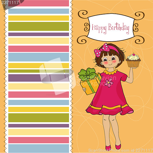 Image of birthday greeting card with girl and big cupcake