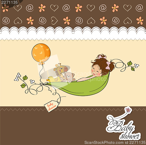 Image of little girl siting in a pea been. baby announcement card