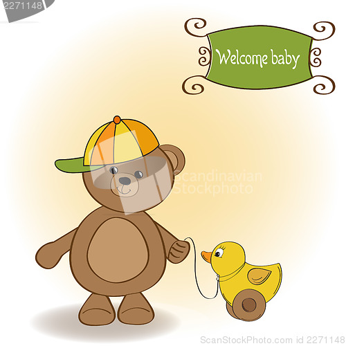 Image of welcome baby card with boy teddy bear and his duck