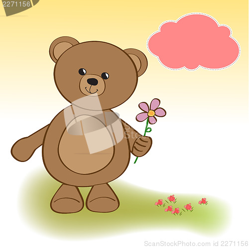 Image of happy birthday card with teddy bear and flower