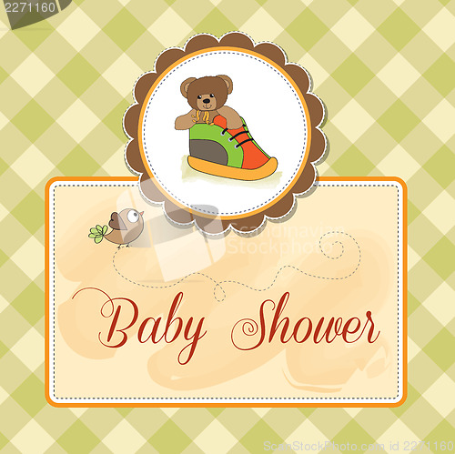 Image of baby shower card with teddy bear hidden in a shoe
