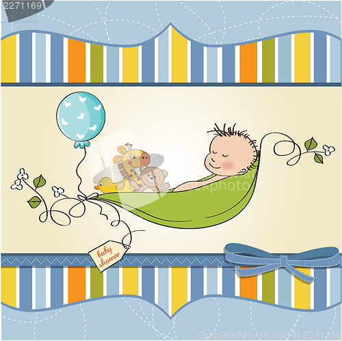 Image of little boy sleeping in a pea been, baby announcement card