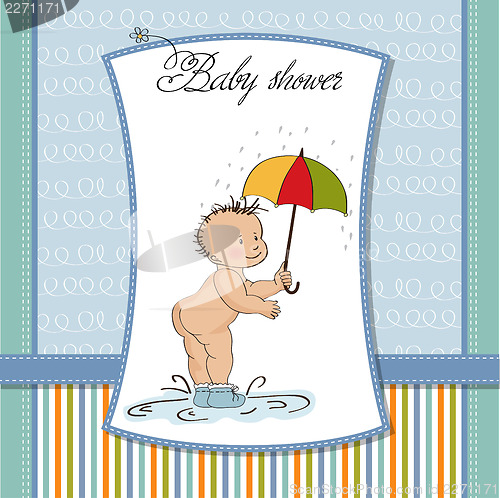 Image of baby boy shower card with funny baby under his umbrella