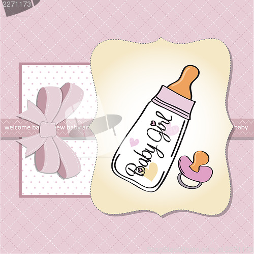 Image of new baby girl announcement card with milk bottle and pacifier
