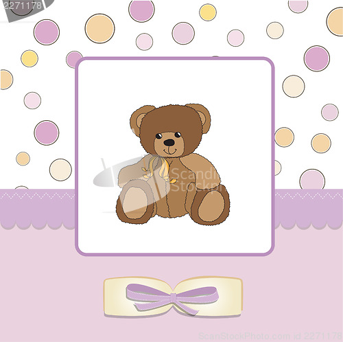 Image of romantic baby girl announcement card with teddy bear