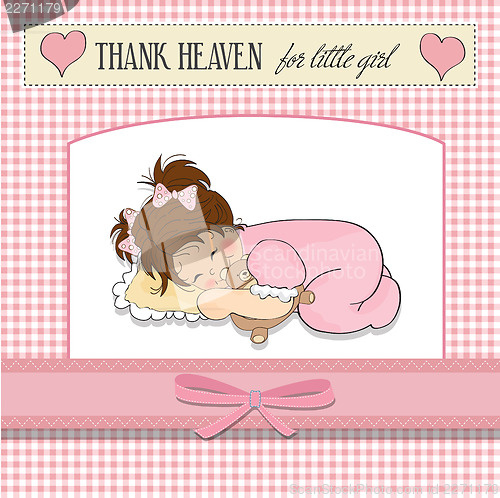 Image of baby shower card with little baby girl play with her teddy bear 