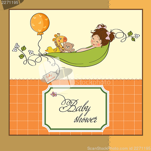 Image of little girl siting in a pea been. baby announcement card