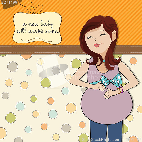 Image of happy pregnant woman, baby shower card