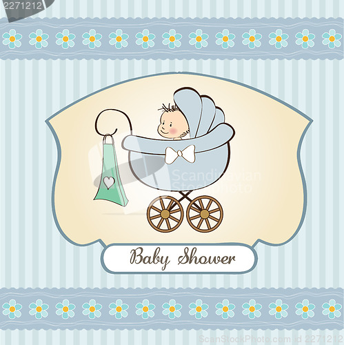 Image of baby boy announcement card with baby and pram