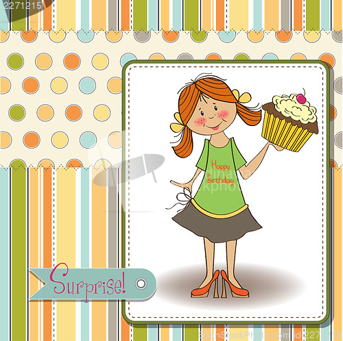 Image of birthday greeting card with girl and big cupcake