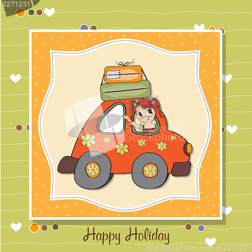 Image of happy woman going on holiday by car