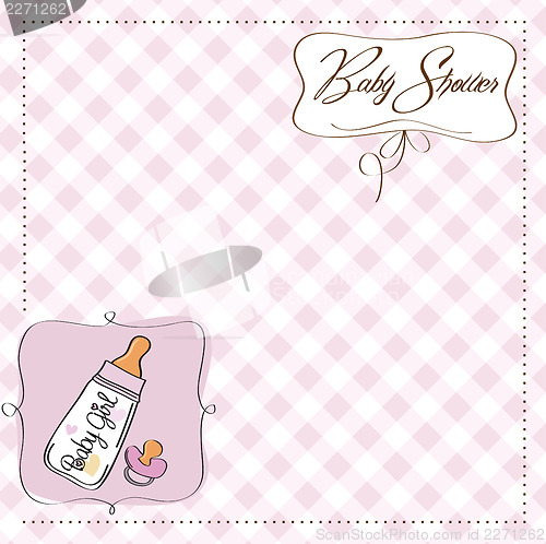 Image of new baby girl announcement card with milk bottle and pacifier