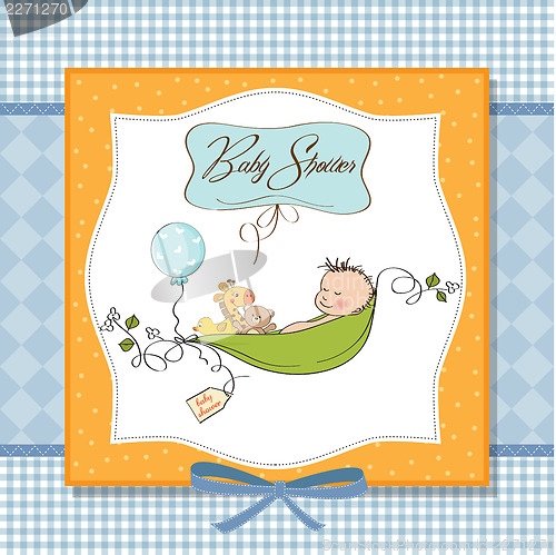 Image of little boy sleeping in a pea been, baby announcement card