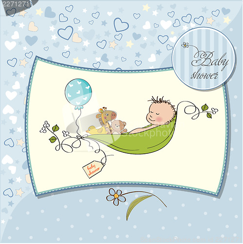 Image of little boy sleeping in a pea been, baby announcement card