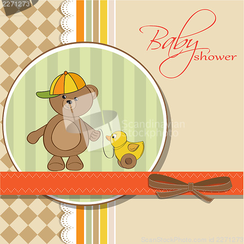 Image of welcome baby card with boy teddy bear and his duck