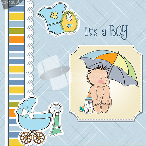 Image of baby boy shower card with funny baby under his umbrella