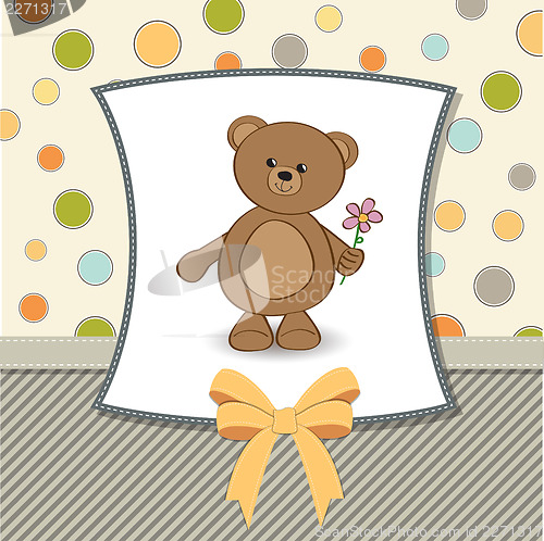Image of happy birthday card with teddy bear and flower