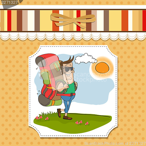 Image of tourist man traveling with backpack