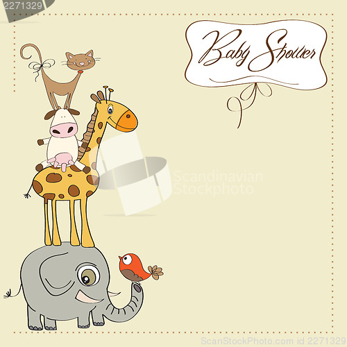 Image of baby shower card with funny pyramid of animals