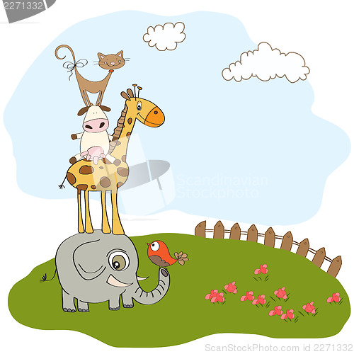 Image of baby shower card with funny pyramid of animals