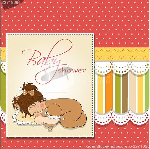 Image of baby shower card with little baby girl play with her teddy bear 