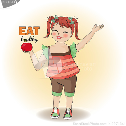 Image of pretty young girl recommends healthy food