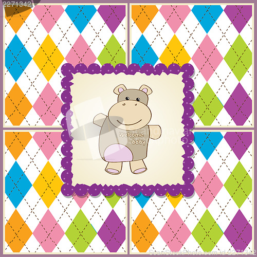 Image of childish baby girl announcement card with hippo toy