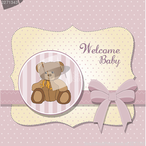 Image of romantic baby girl announcement card with teddy bear