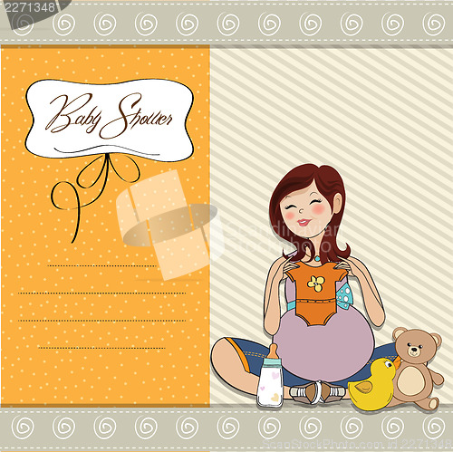 Image of happy pregnant woman, baby shower card